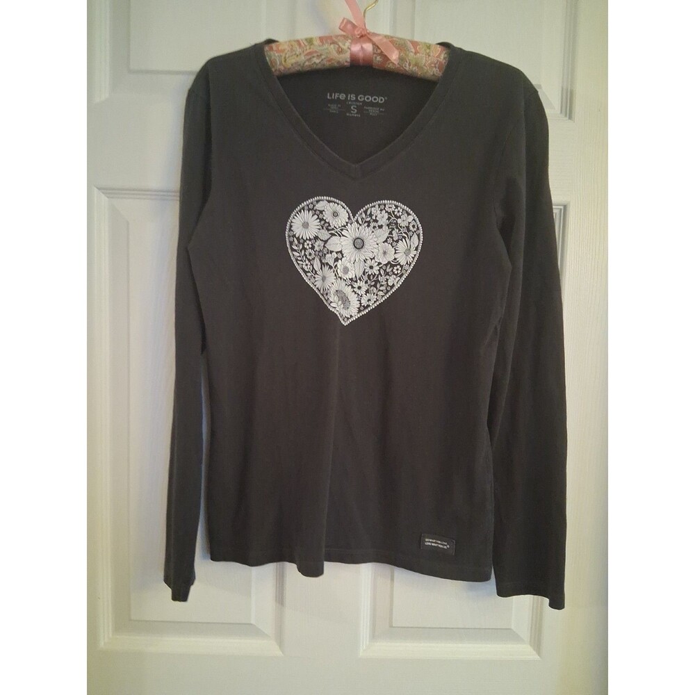Life is Good Womens Black Flower Heart V Neck Tee Shirt